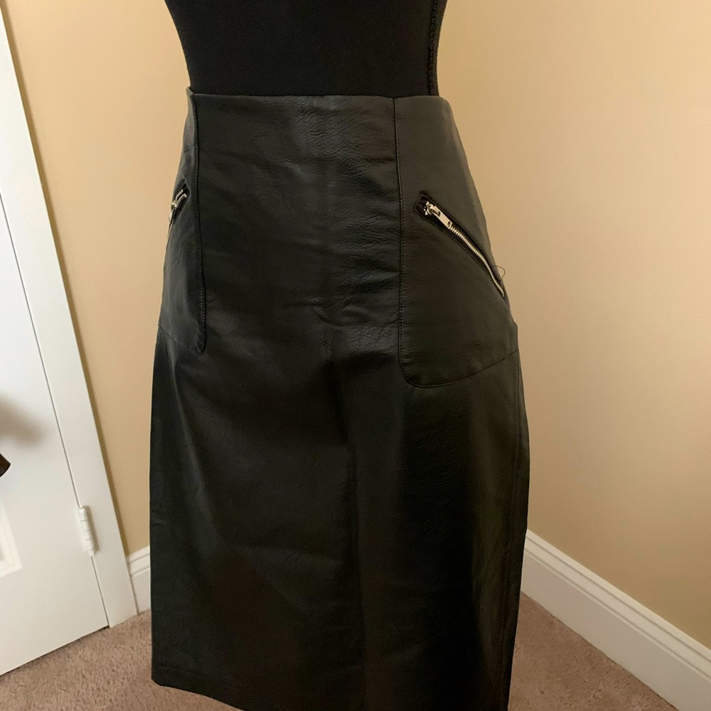 Black leather (faux) midi skirt
